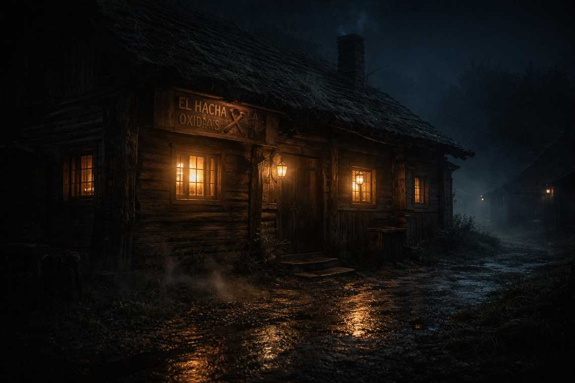 Taberna El Hacha Oxidada en una noche tensa