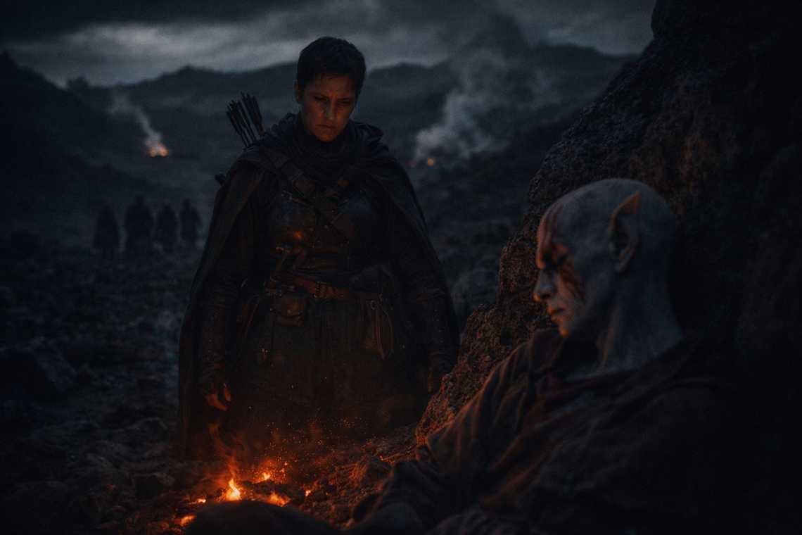 Talryn stands over Drusniel's sleeping form in the dark, expression empty