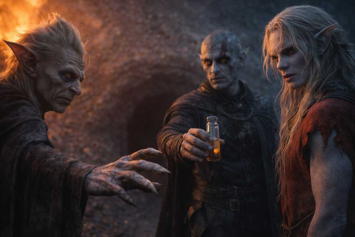 The farewell moment at the tunnel mouth between Elion, Srietz, and Drusniel