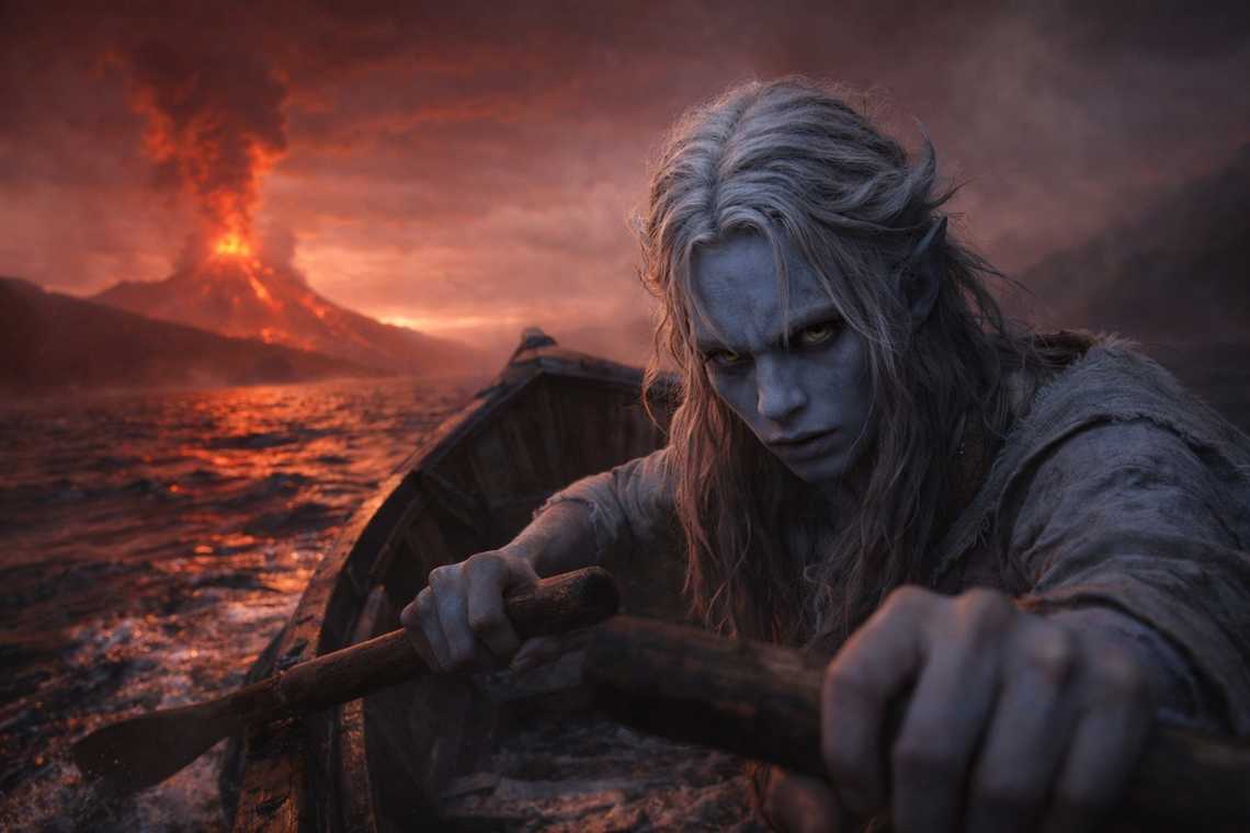 Drusniel approaching volcanic light across the nightmare sea