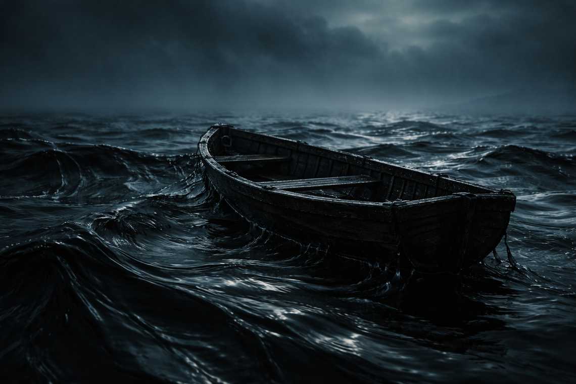 Vision of boat on black water