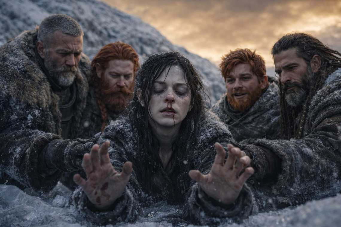 Maris reaching through the residual thread, blood on her face