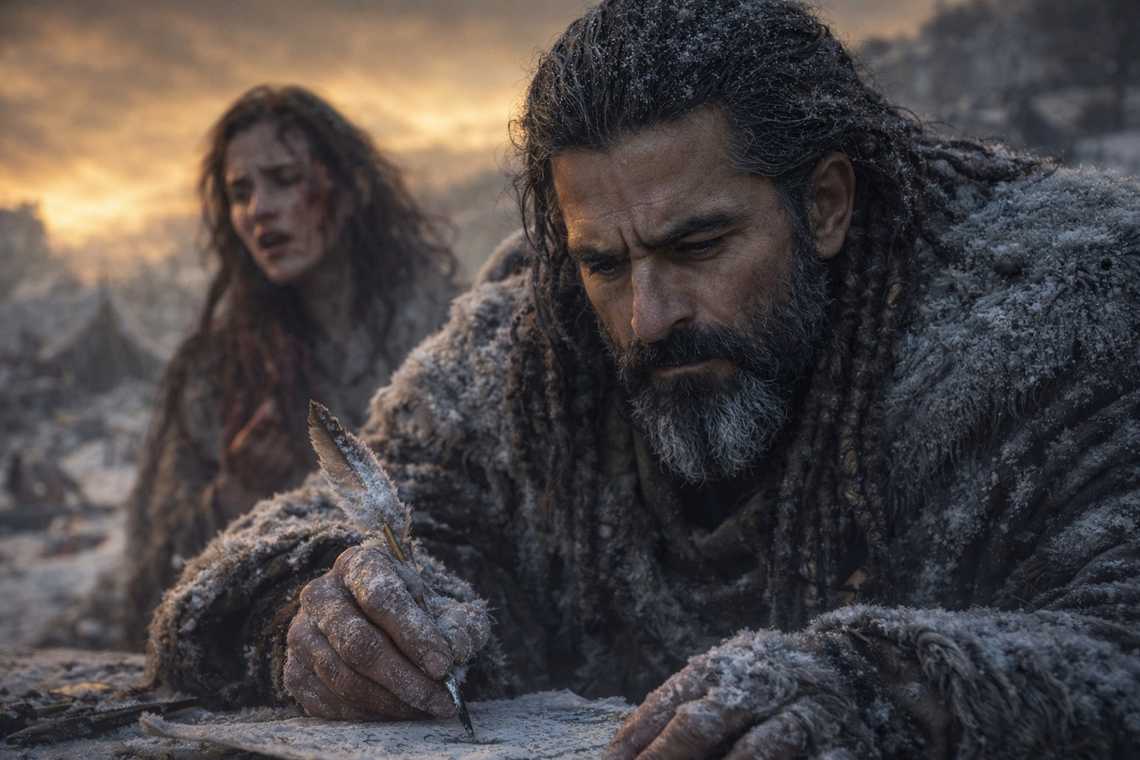 Xandor recording Maris's fragments, ink freezing on parchment in the cold