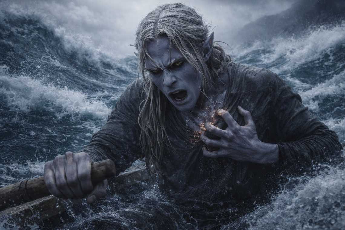 Drusniel back in the boat clutching his chest in pain