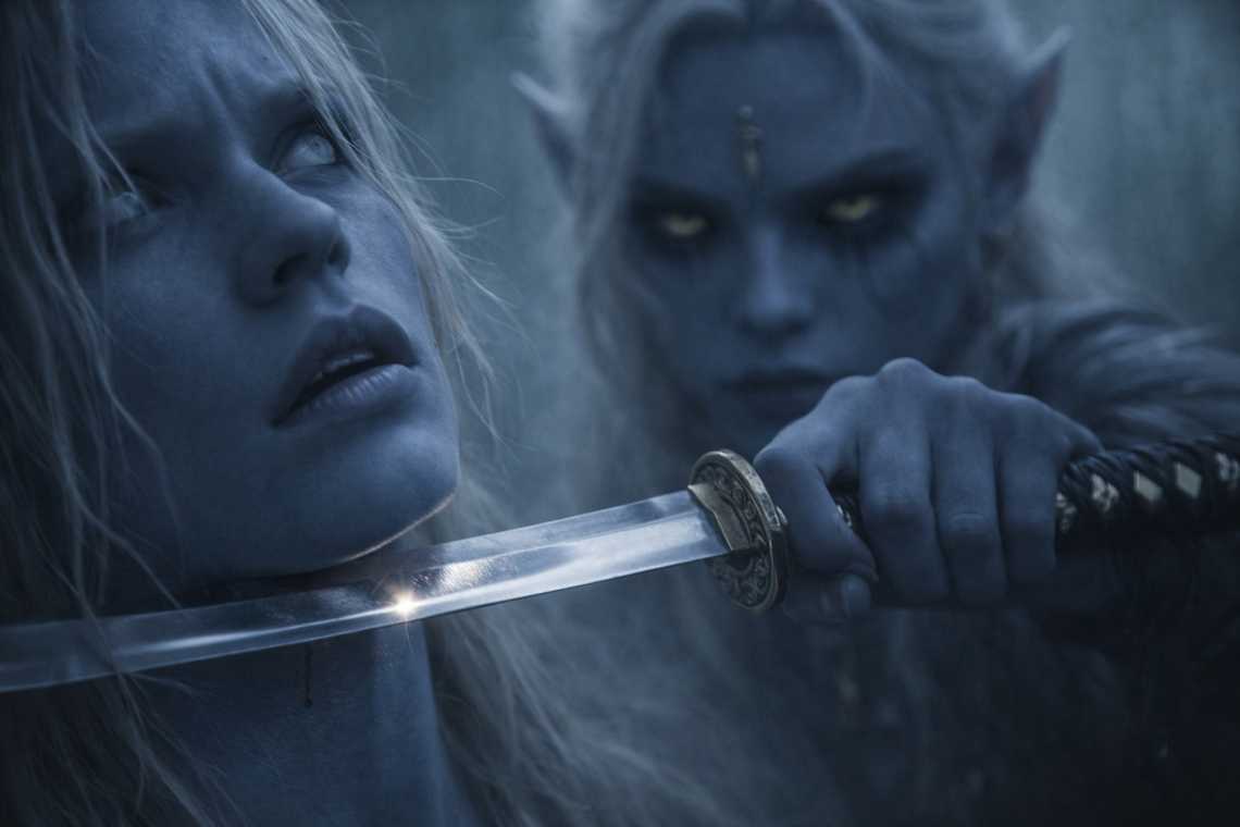 Shyntara's blade stops at Drusniel's throat