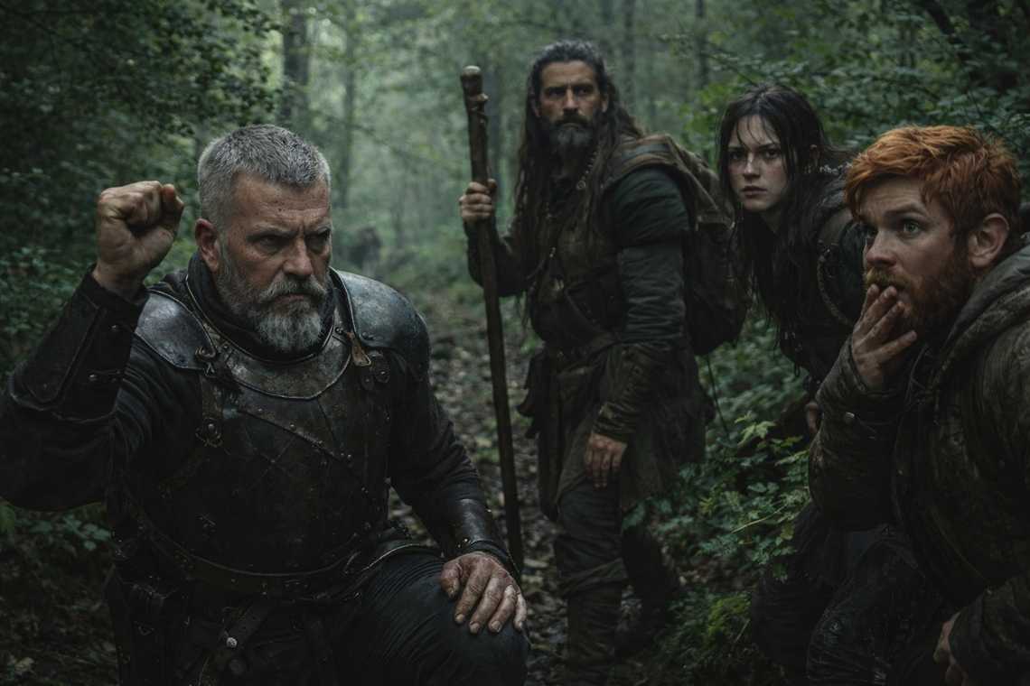 Eldric halts the group with a raised fist