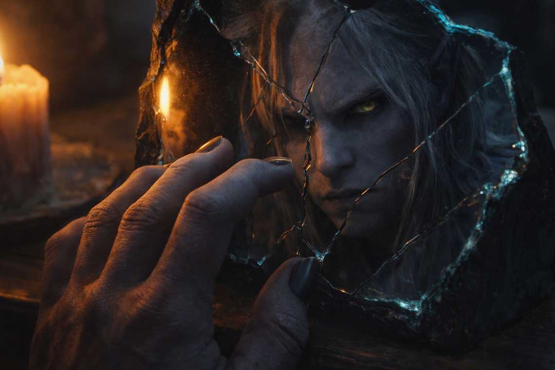 Broken mirror reflection of Drusniel's doubt