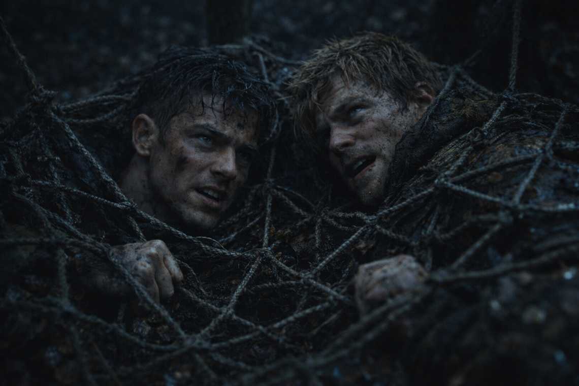 Varian and Garrick tangled in a trap net on the forest floor