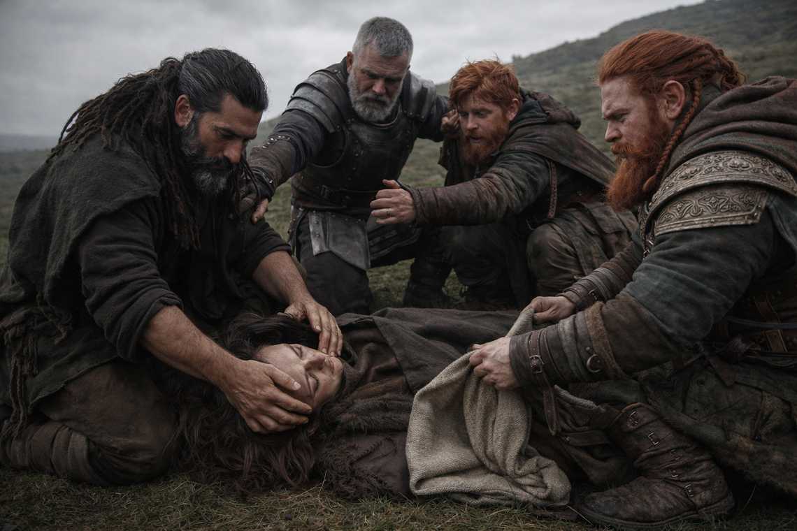 The group scrambles to protect Maris as she seizes on the frozen ground