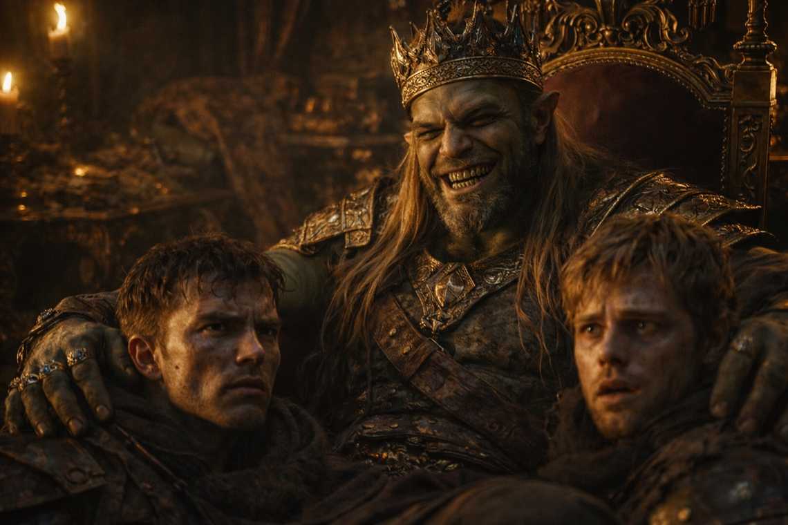 Korgath en su trono observa a los prisioneros con una sonrisa