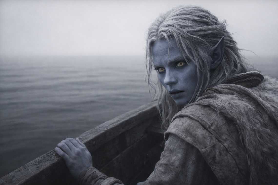 The shoreline vanishing entirely behind him