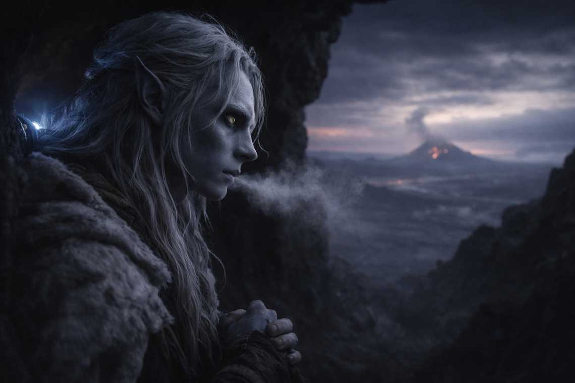 Drusniel in profile at the cave mouth, looking east into the volcanic twilight