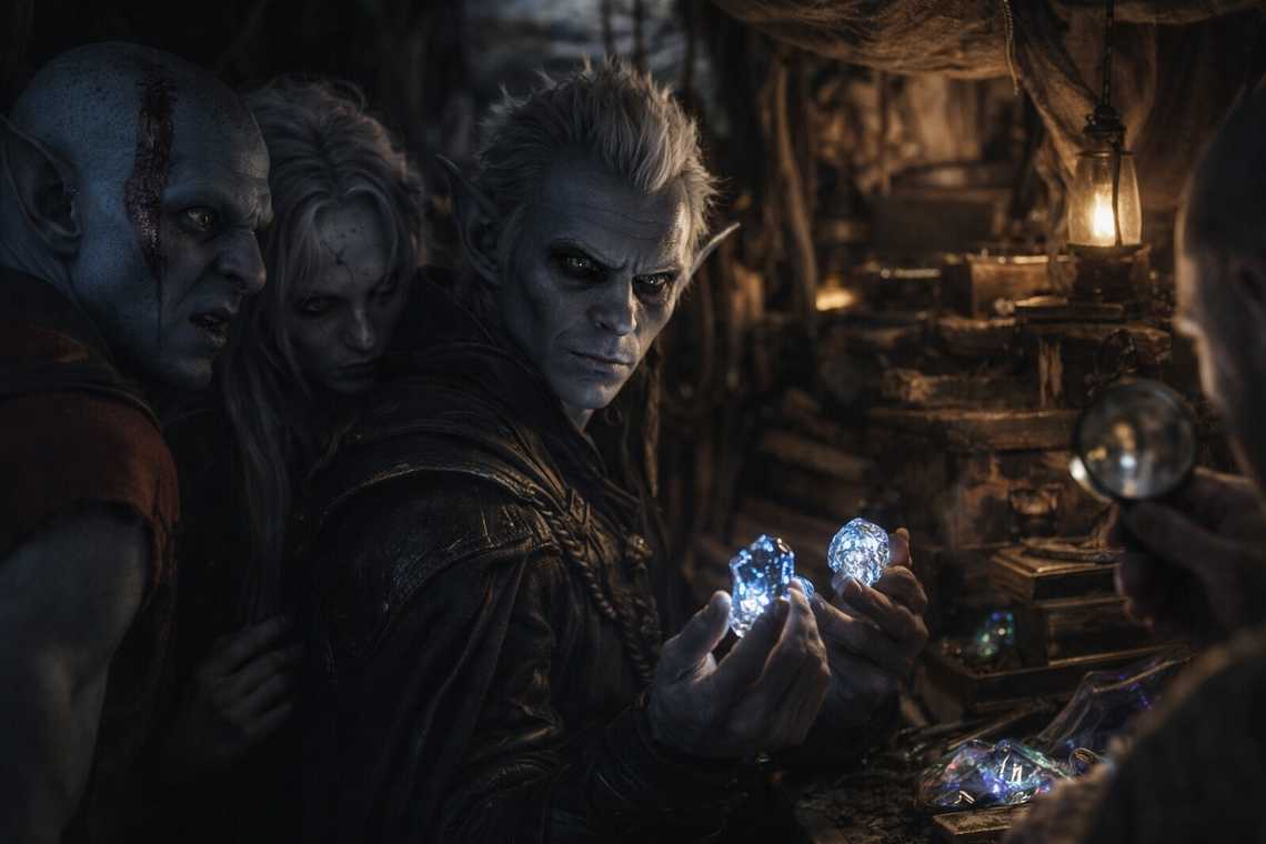 Srietz trading gems with a shadowy merchant