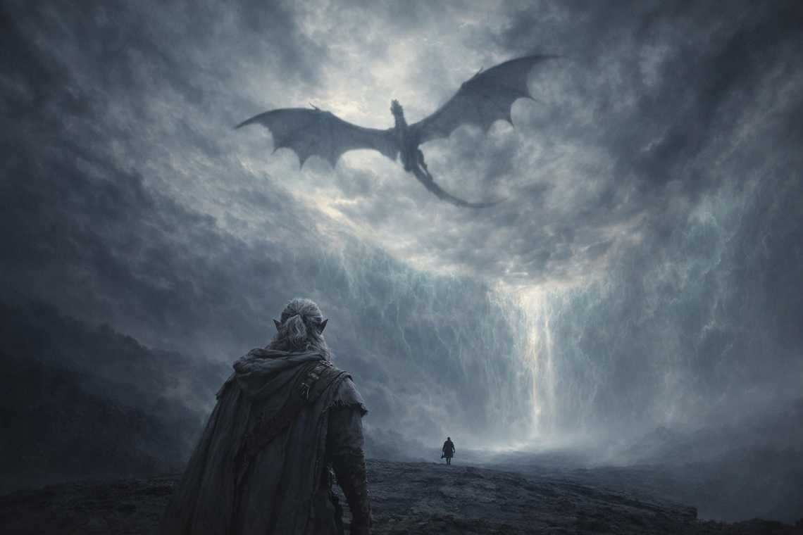 Nyxara circling in dragon form against the unnamed sky, witnessing from above