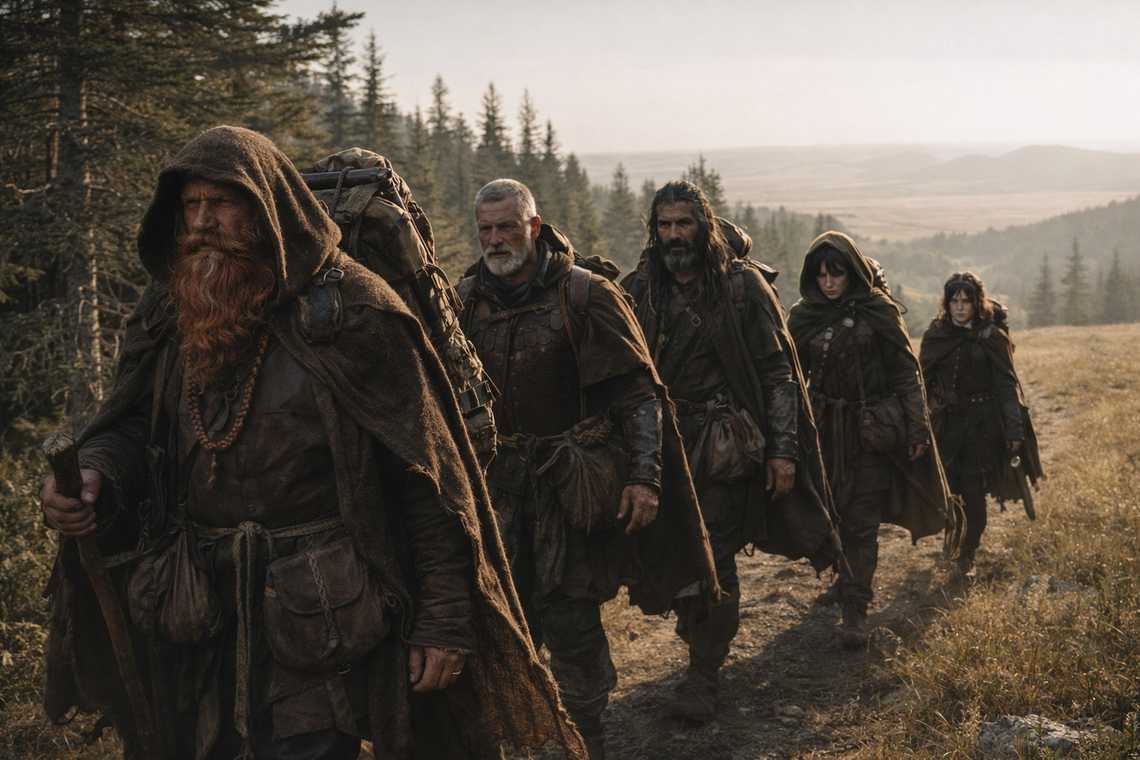 Five figures walking northeast