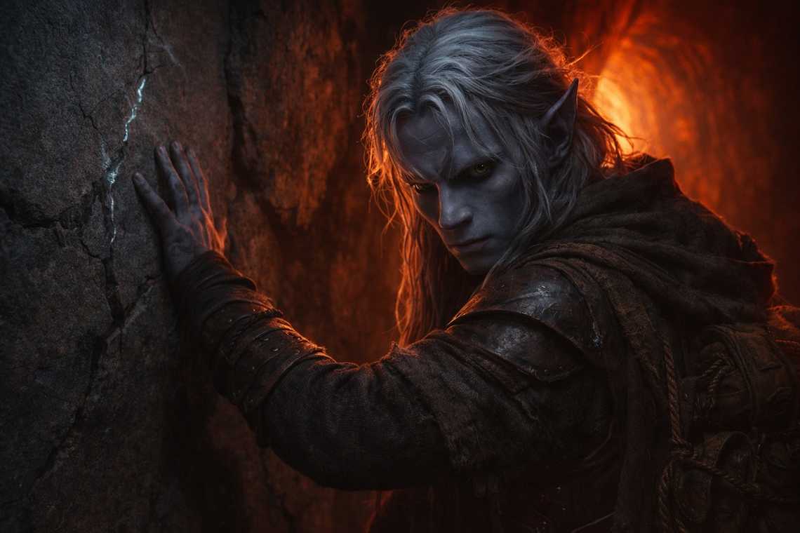 Drusniel chooses the deeper crack as red light floods the chamber