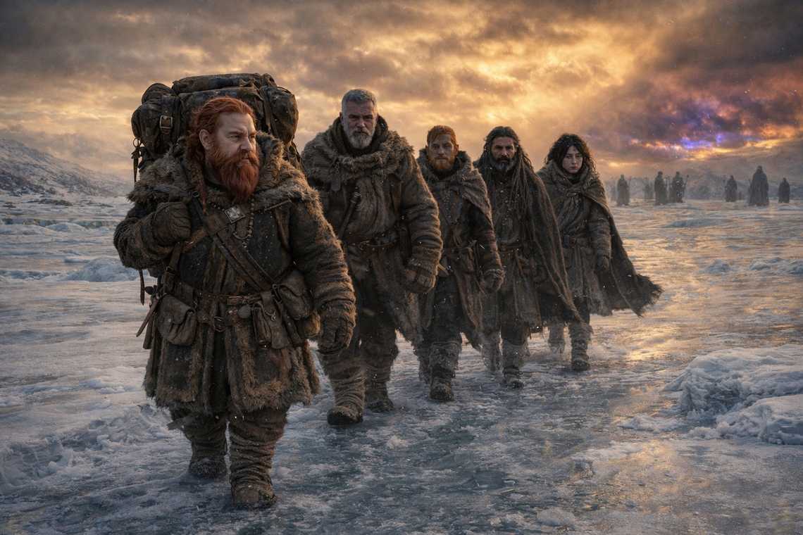 The group walking south beneath the new sky