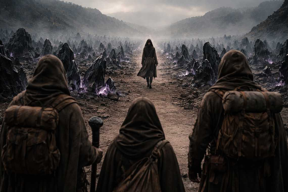 Talryn walks back into the black crystals, her silhouette shrinking until the terrain takes her