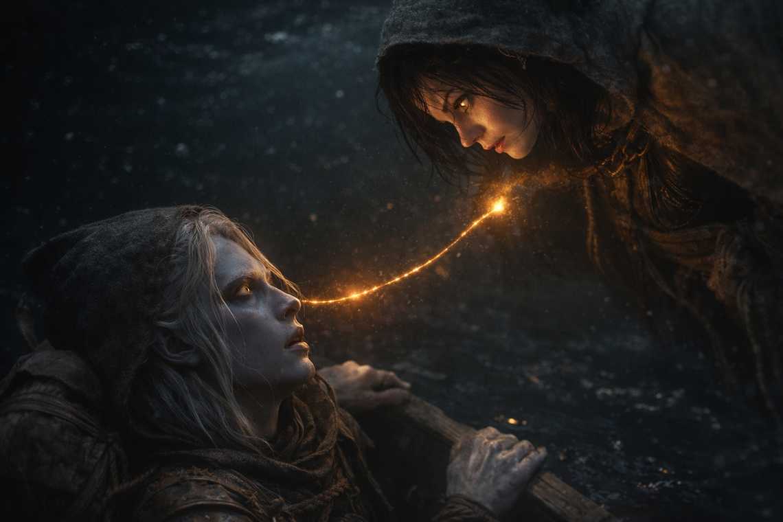 The impossible moment of connection when he looks directly at her through the vision