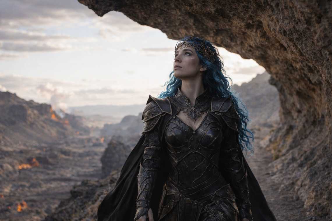 Nyxara glances up under the overhang