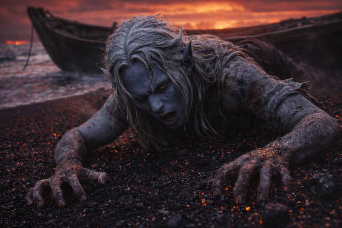 Drusniel collapsing onto hot black volcanic sand