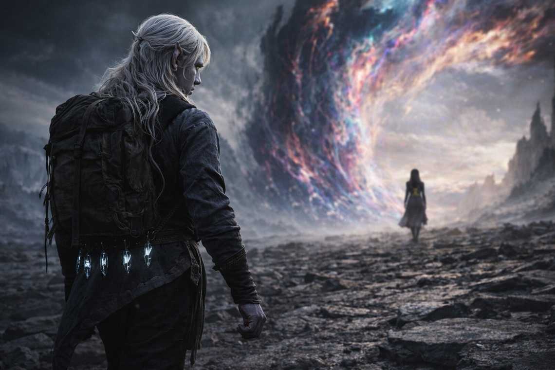 Drusniel walking toward the barrier under the nameless sky