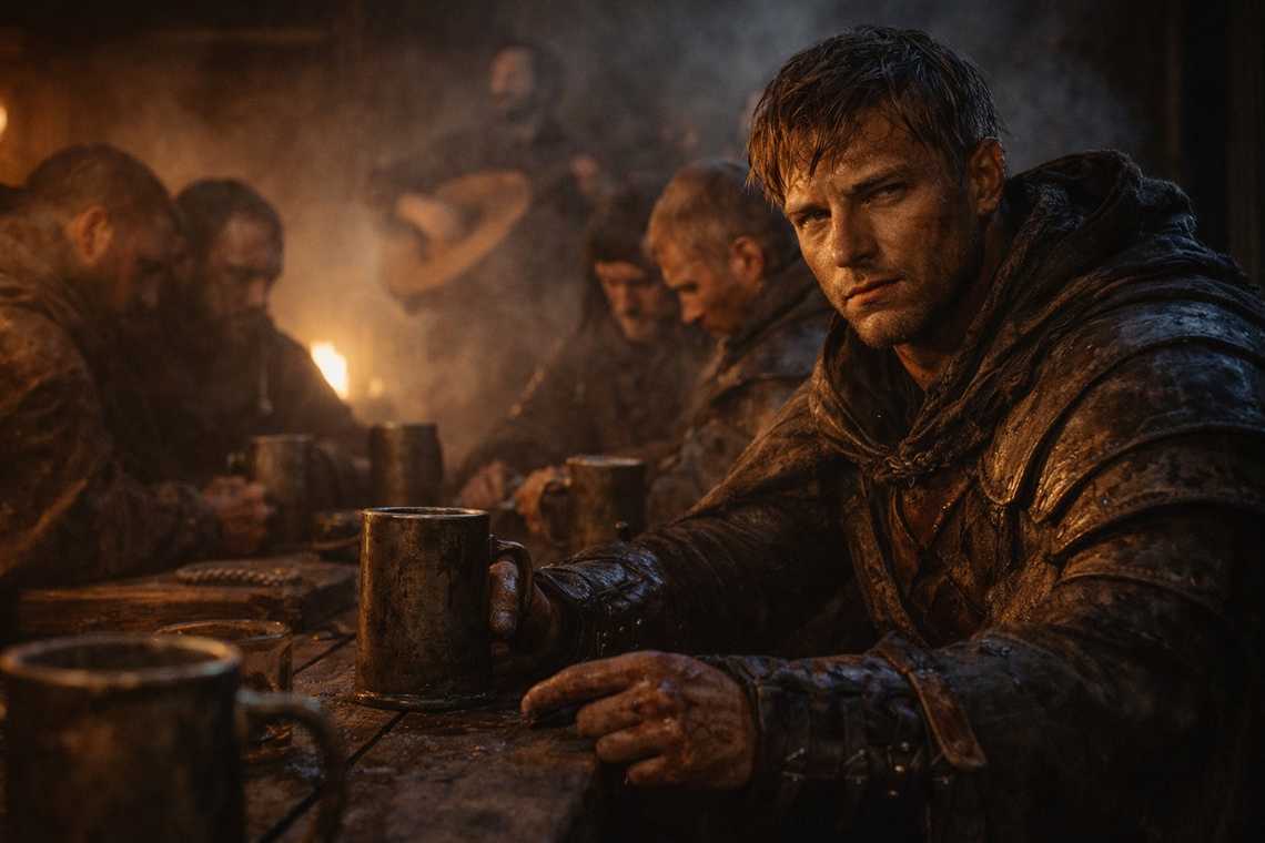 Guardias conversando junto al hogar en la taberna