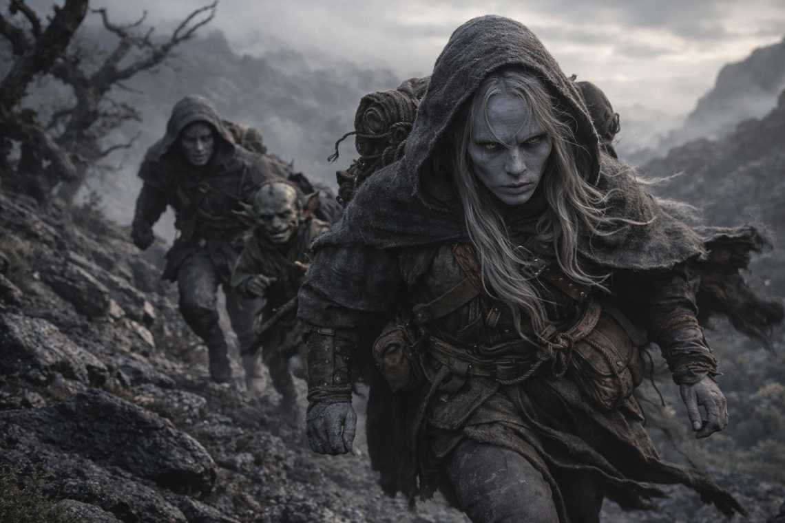 Three figures running along the ridge