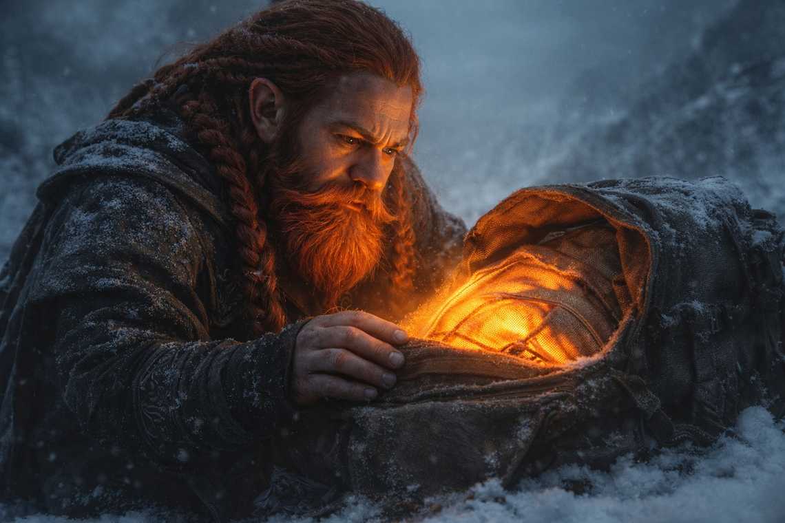 The Beacon's glow bleeds through the layers of cloth in Dulint's pack