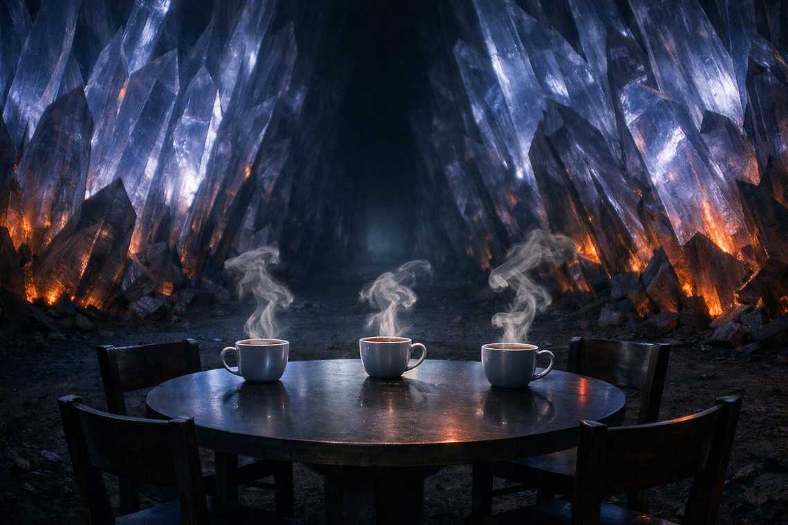 Table set for three, cups still steaming