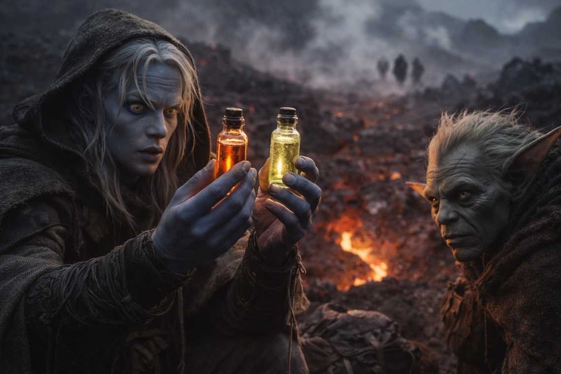 The vials from the pack, one amber and one pale green, lit by volcanic glow