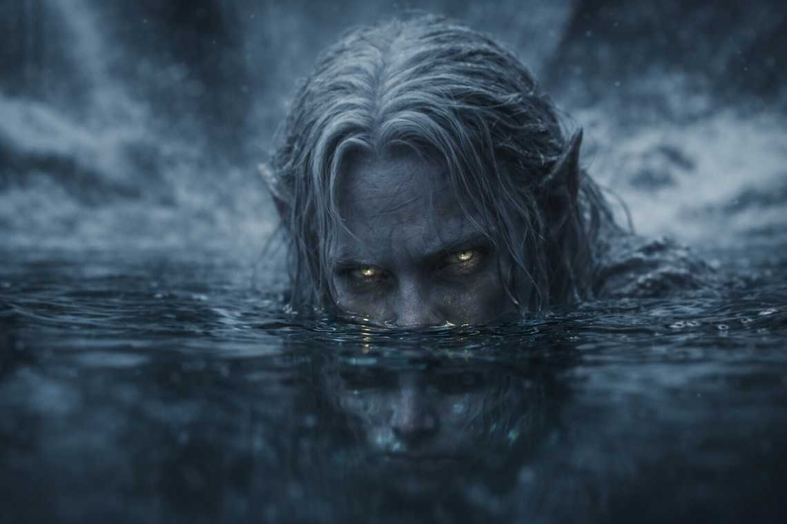 Drow face with glowing eyes in absolute dark