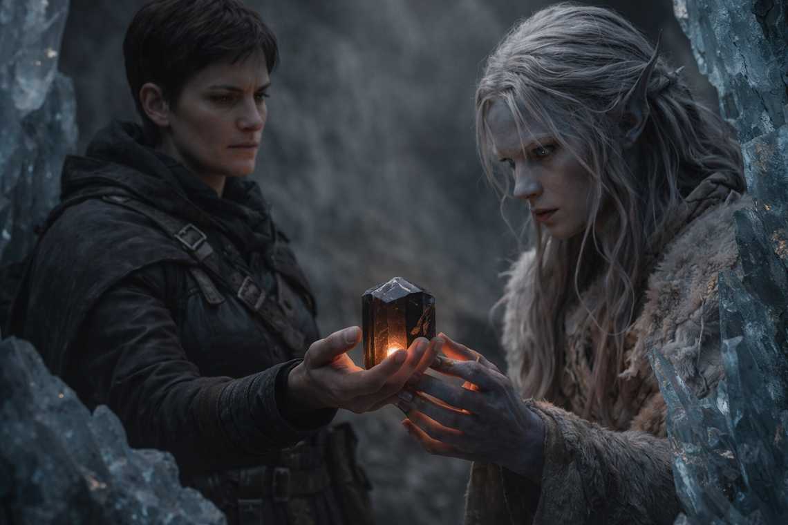 Talryn places the crystal vial into Drusniel's hand, a parting gift from Nyxara