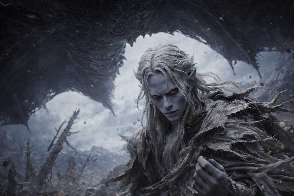 Drusniel standing against the scale of the dragon