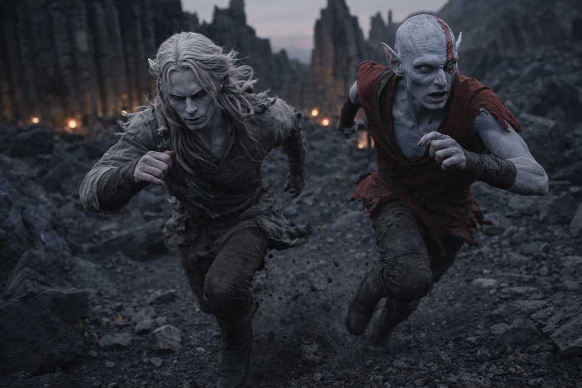 Drusniel and Elion sprinting into stone formations