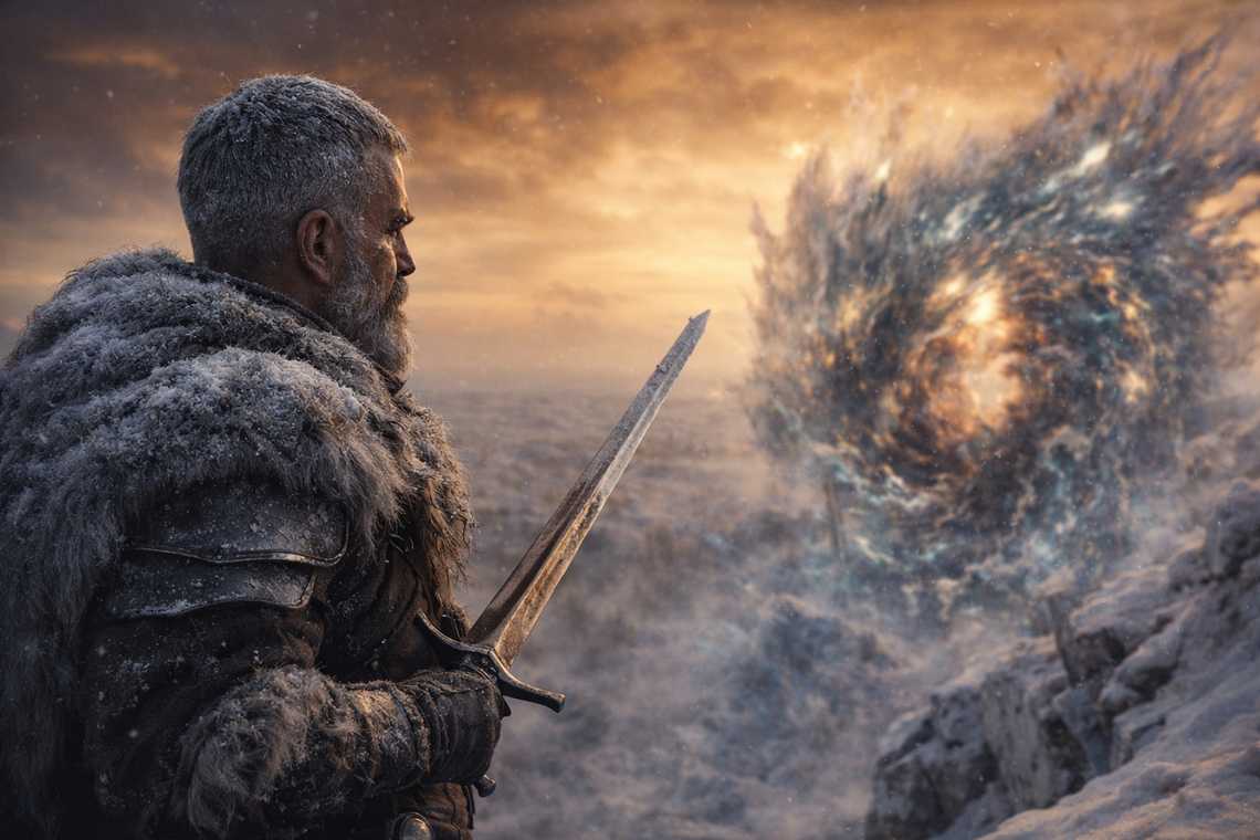 Aldric with sword drawn pointing northeast, reflex responding to what no blade can stop