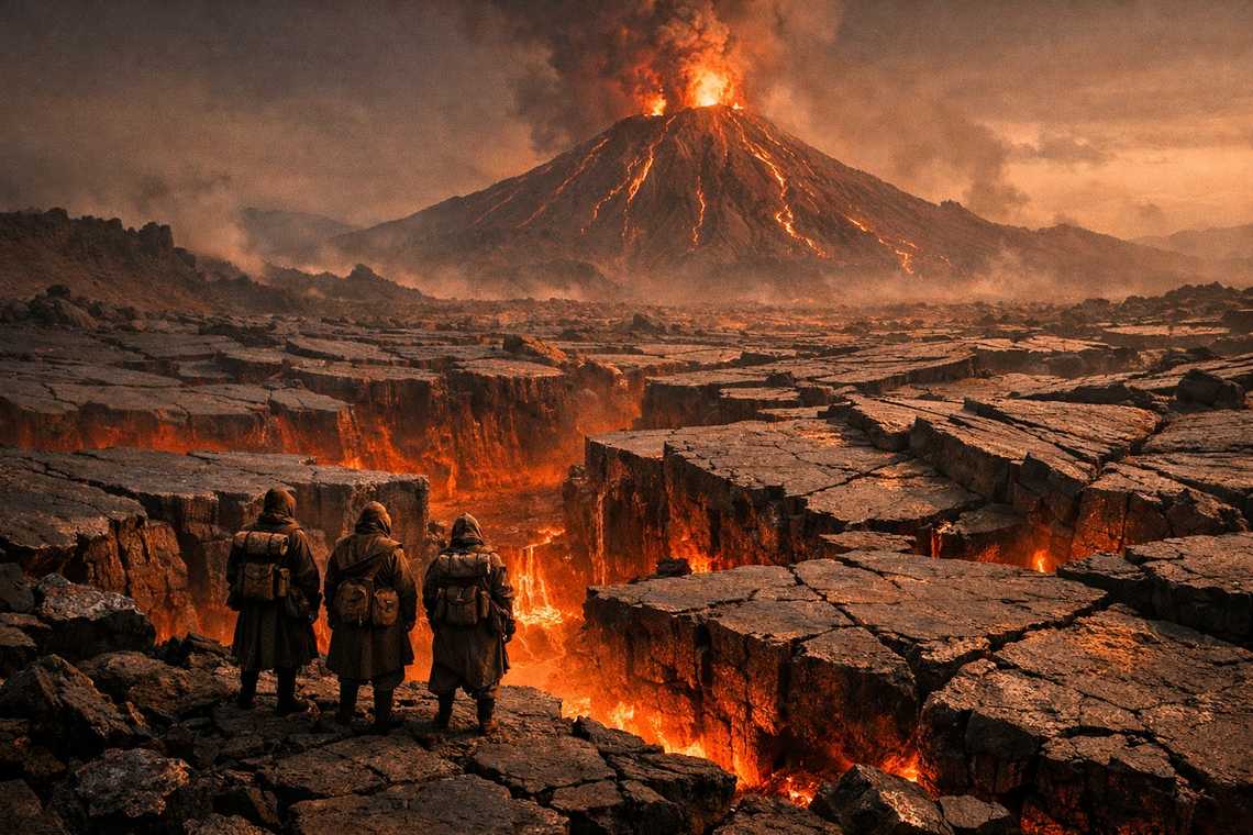 Volcanic plate-fields stretching to the horizon under orange light