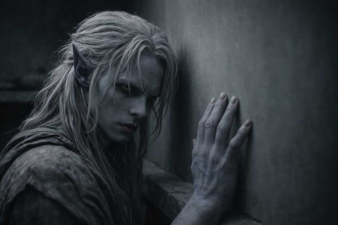 Drusniel pressing his hand against a wall that is too smooth