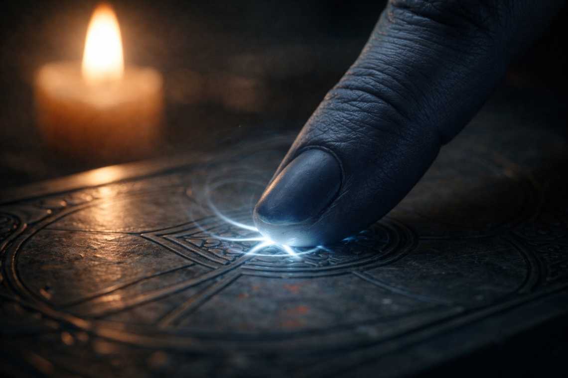 Drusniel touching the artifact symbol