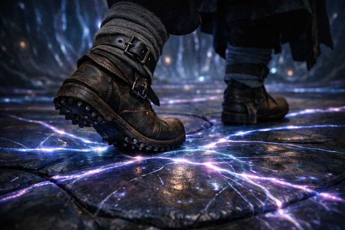 The barrier's energy veins glowing faintly through the ground beneath Drusniel's feet