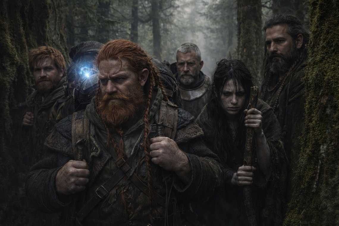 Travelers trudging through snow