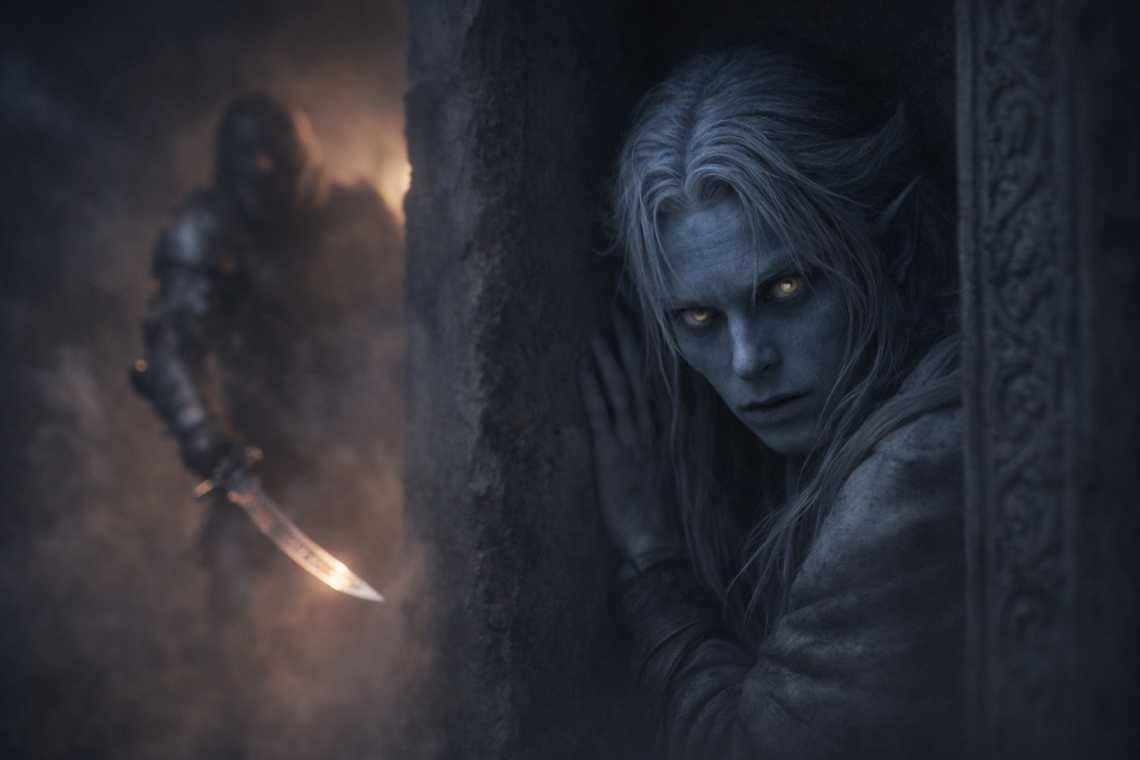 Assassin shadow emerging from darkness