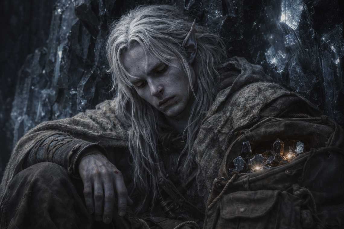 Drusniel seated against the crystal wall in the chamber