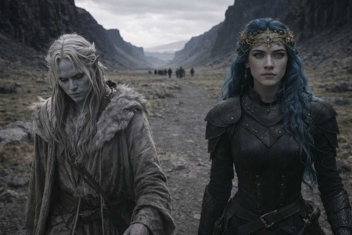 Nyxara and Drusniel walking through the valley