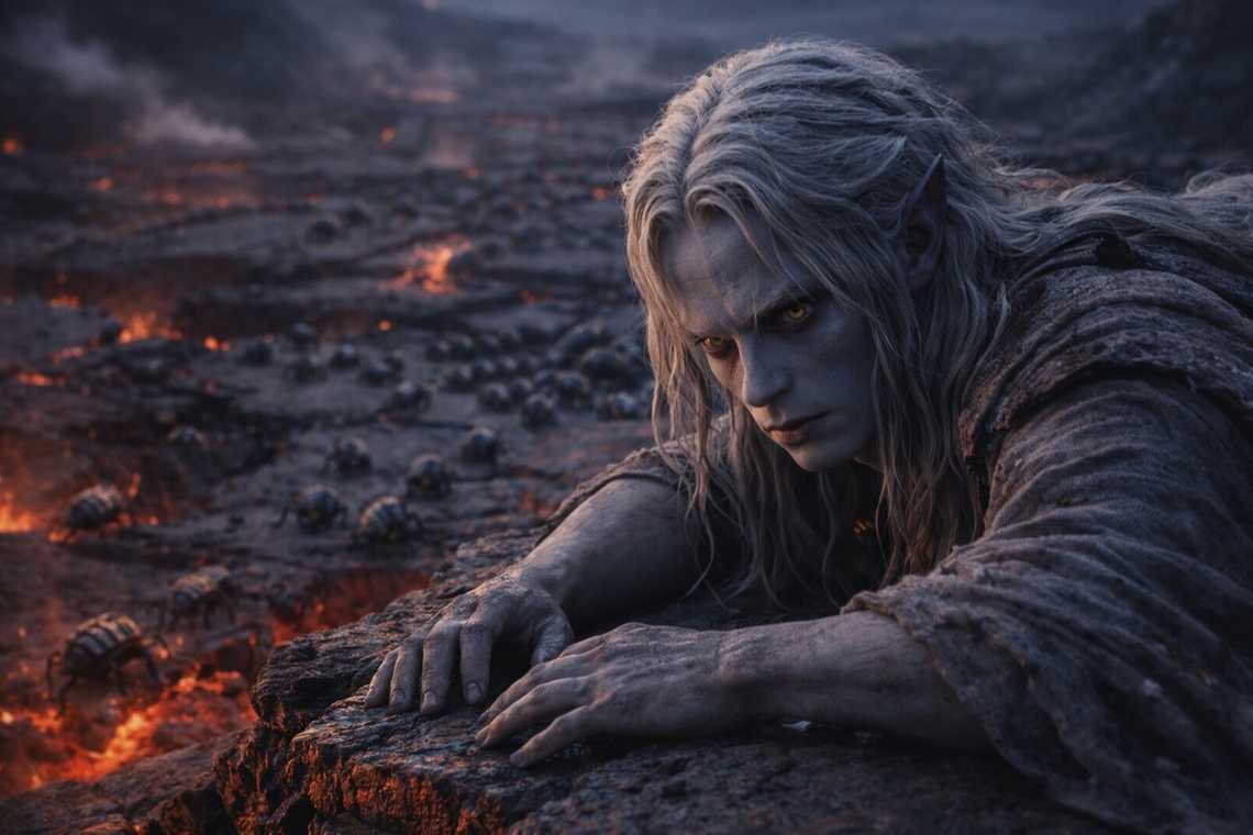 Drusniel watching the Scorchshells for hours across the plate-field