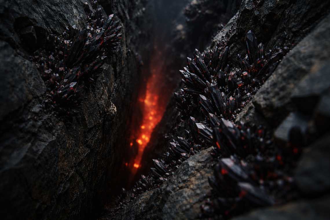Black crystal deposits growing along the walls of a deep chasm