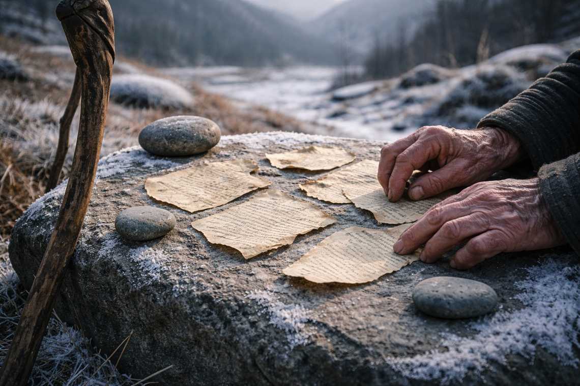 Prophecy fragments arranged on frozen stone
