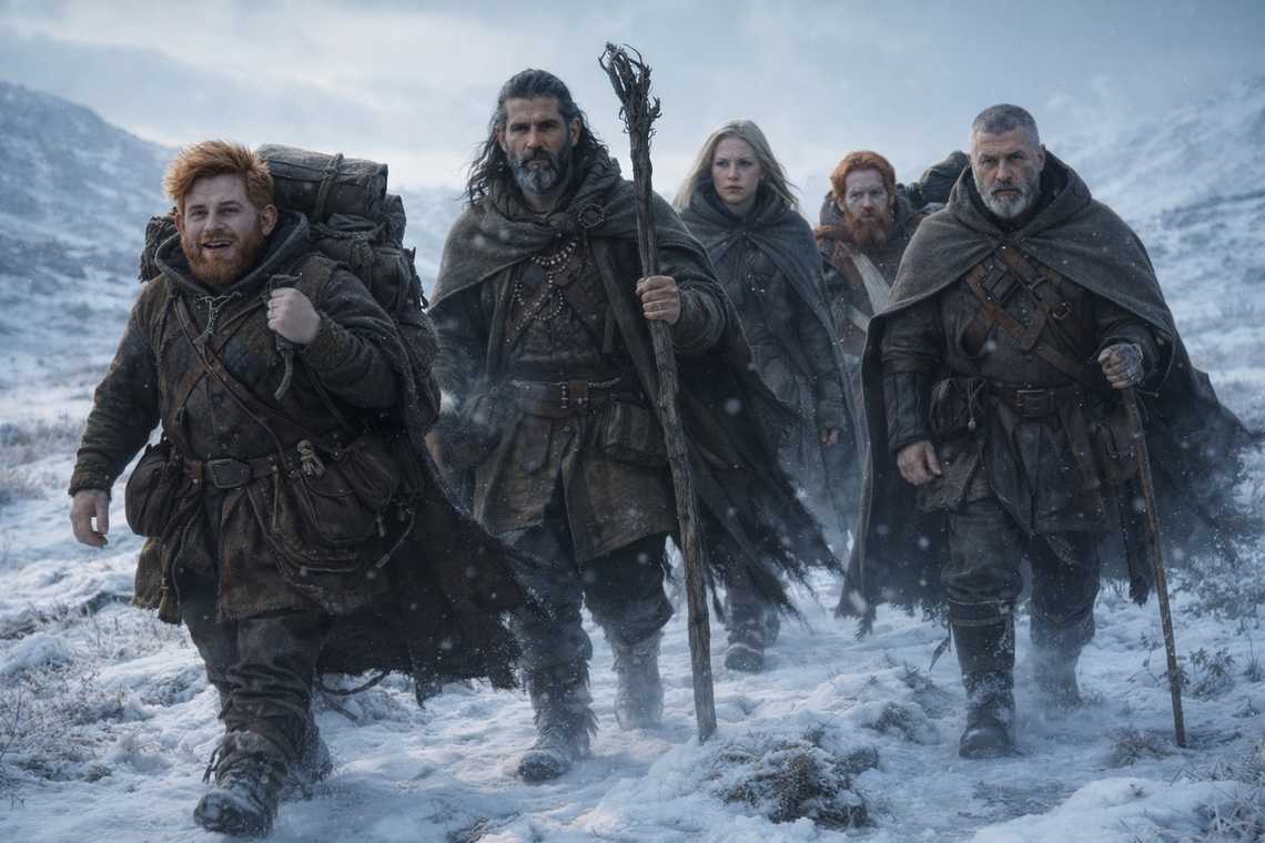 Five travelers walking northeast across frozen terrain