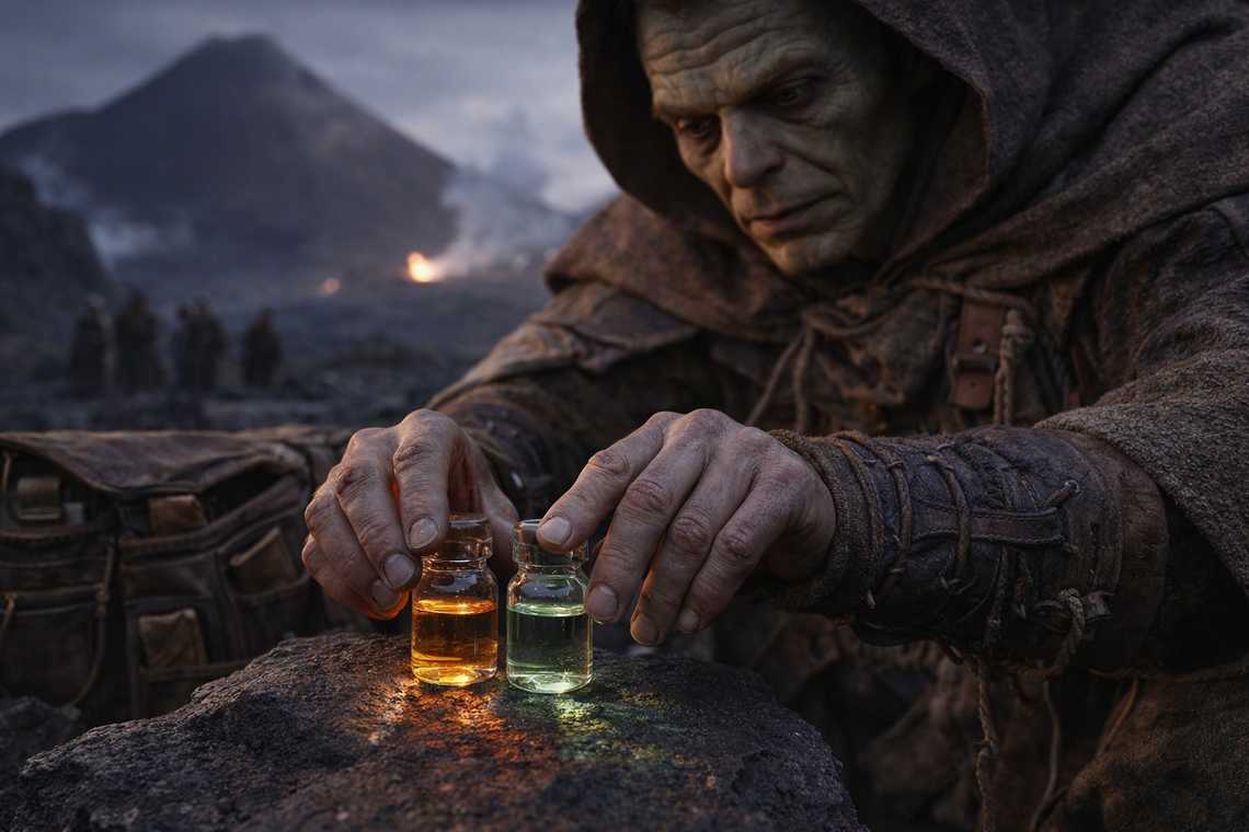 Srietz reviewing and arranging the potions on the stone