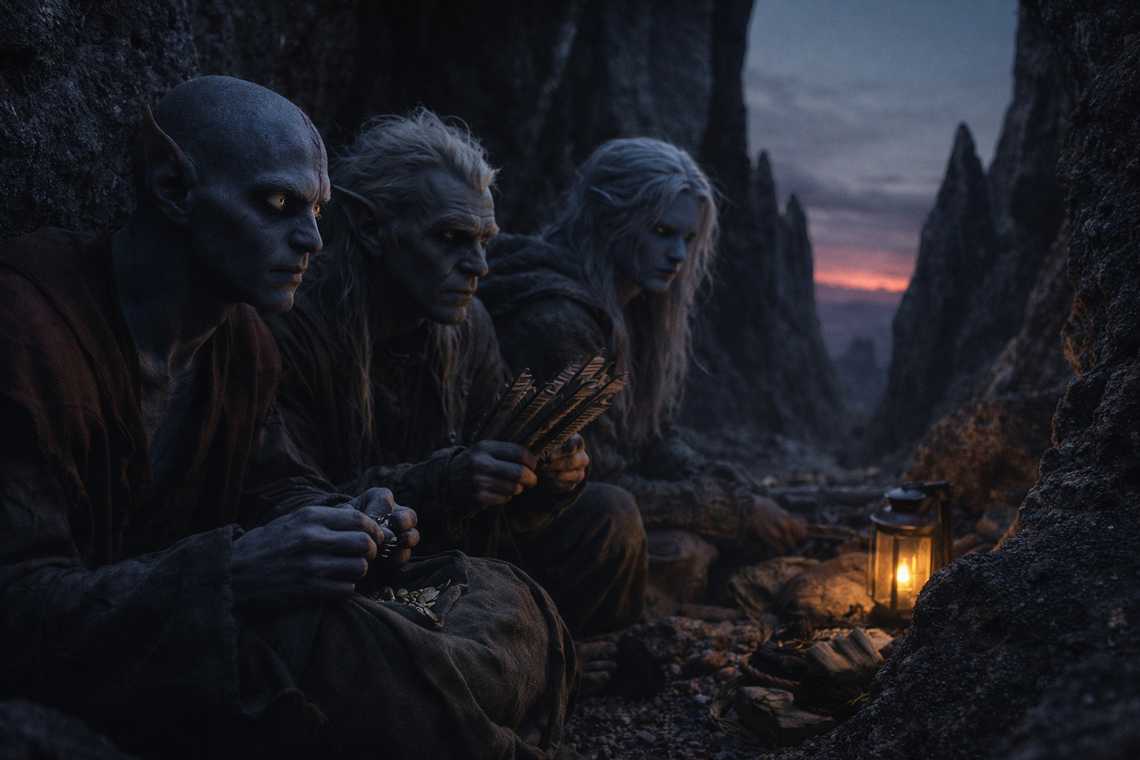 Refuge between volcanic needles at twilight